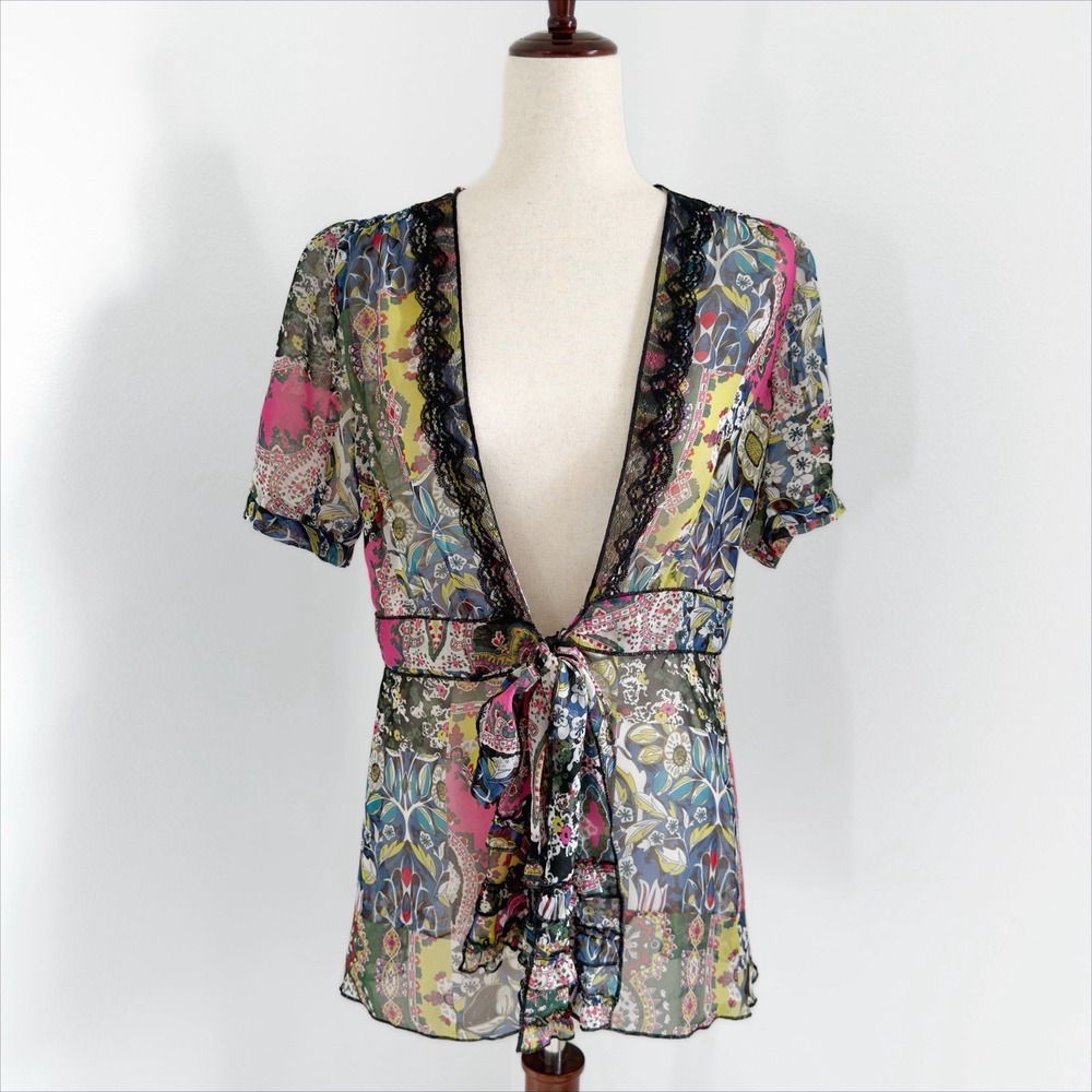 CAbi Top Womens Medium Patchwork Print Paisley Sheer Fairy Whimsical Dainty Lace